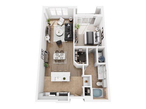 Floor plan for 1 bed, 1 bath, 857 sqft